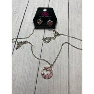Paparazzi Necklace and Earrings Set Silver Pink Rhinestone Heart Jewelry Set